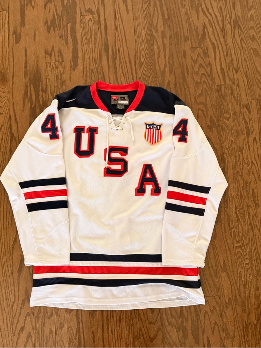 Nike White Red and Navy USA Hockey Jersey Orpik #4
